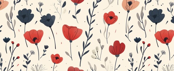 Seamless pattern with flat vector illustration of cute flowers in red and navy blue on beige background.