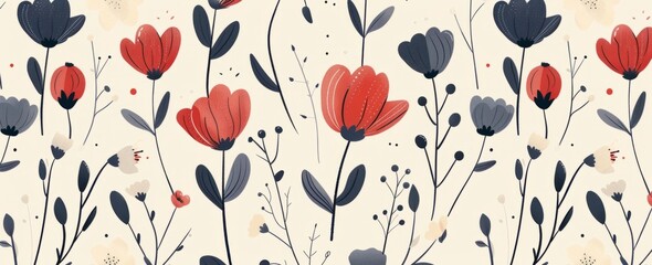 Obraz premium Seamless pattern with flat vector illustration of cute flowers in red and navy blue on beige background.