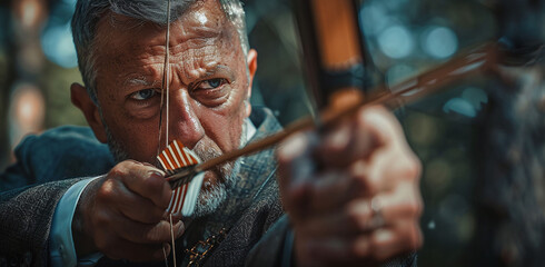 An older man with a beard and mustache, wearing a medieval costume, holds a bow and arrow, aiming intently at a target.