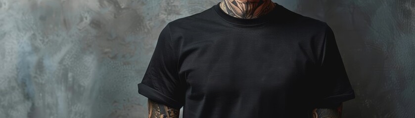 Man with tattoos wearing a black t shirt standing against a grey background