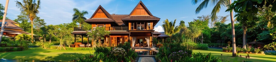 Luxurious Wooden Villa with Garden and Blue Sky