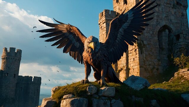 Majestic griffon with huge wings sitting on the pile of rocks near an ancient medieval castle. Mythical monster creature fantasy illustration concept wallpaper.
