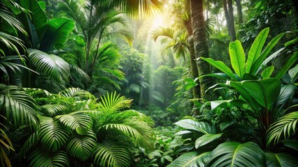 Obraz premium Lush greenery and thick foliage in the depths of the tropical jungles, tropical, jungles, vegetation, green, dense, wild, forest