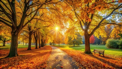 Naklejka premium Beautiful park with vibrant autumn foliage, peaceful atmosphere, and golden sunlight filtering through the leaves, park, autumn