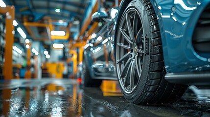 Fototapeta premium High-Performance Car Tire in Modern Auto Workshop - Generative AI