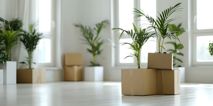 Living room filled with moving boxes and plants during relocation phase. Concept Relocation, Moving Boxes, Interior Design, Houseplants, Home Decor