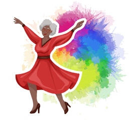 Vector flat illustration of happy beautiful senior African woman in red dress on watercolor background. Joyful old lady dancing in a dress on rainbow watercolor splashes. Active aging.