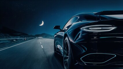 Fototapeta premium A car is driving down a road in a city at night. The car is a sports car with a sleek design and a shiny black color. The city is lit up with bright lights, creating a vibrant and energetic atmosphere