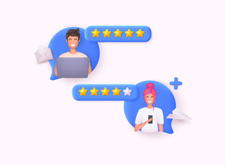 People Characters Giving Stars Feedback. Feedback, customers review, positive user experience concept. 5 stars rating of mobile app, online service satisfaction.  3D Web Vector Illustrations.