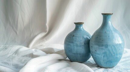 Two blue handmade ceramic vases  Home decor, Copy space, Selective focus.