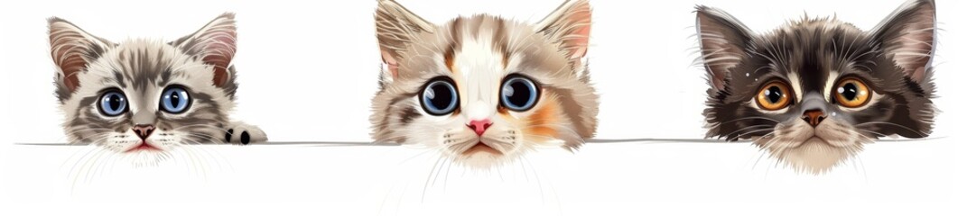 An element set with transparent background of watercolor cats peeking