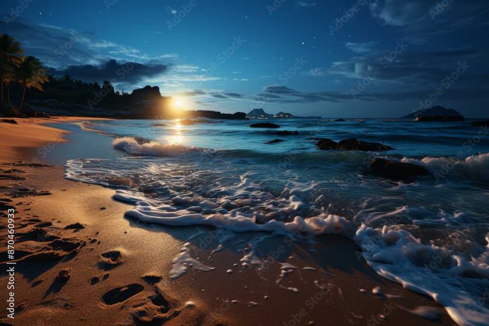 Wall mural an empty beach at twilight, where the only sound is the gentle lapping of waves against the shore. c