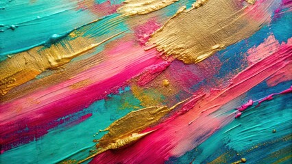 Closeup of vibrant abstract art painting texture with pink, turquoise, and gold brushstrokes, abstract, rough, textured
