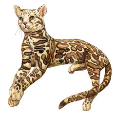 Serval isolated on a white background, Wild cat watercolor painting, Cute cat kitten. Ocelot watercolor wild animal