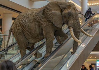 Fototapeta premium A large African elephant mounted on the escalator in the Mall. Wild animals in an urban environment