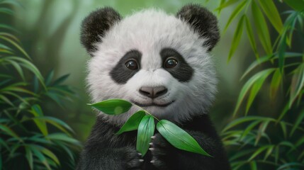 Obraz premium Cute panda holding bamboo leaf, forest background. Wildlife and nature photography concept