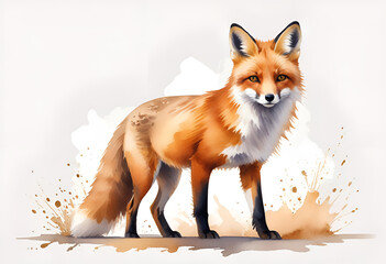 Obraz premium Playful red fox on bright white background, looking alert and focused, detailed brush strokes, minimal splash, gold glow, Scandinavian vibe.