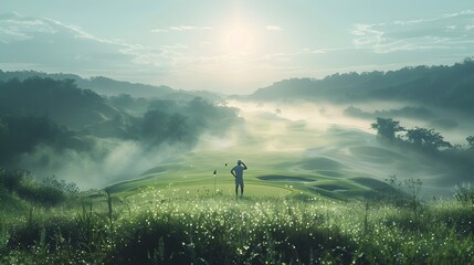 Fototapeta premium Triumphant Golfer's Panoramic Course Vista with Glowing Retro Aesthetics