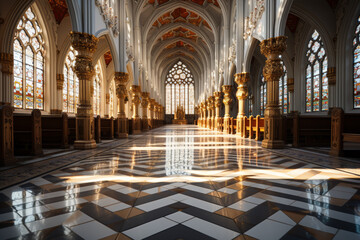 Fototapeta premium An empty church nave illuminated by stained glass windows, suffused with an aura of sacred silence. Concept of spiritual calm and devotional quietude. Generative Ai.