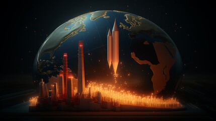 Global trends  upward arrows, map, and forex chart on dark background   finance concept mockup in 3d