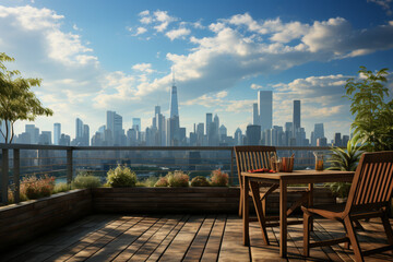 A deserted rooftop terrace overlooking the city, where the only movement is the shifting of clouds in the sky. Concept of elevated isolation and urban stillness. Generative Ai.