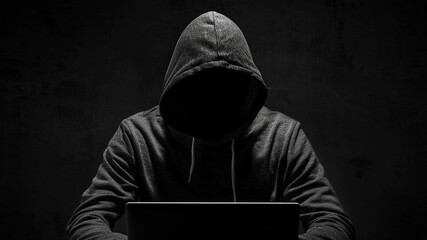 hacker with laptop computer on dark background