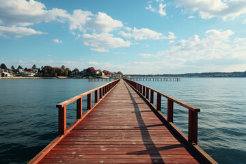 Fototapeta premium An empty lakeside pier stretching out into the water, where the only sound is the lapping of waves against the shore. Concept of lakeside serenity and pier solitude. Generative Ai.