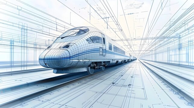 High Speed Train Infrastructure Blueprint on Minimal White Background