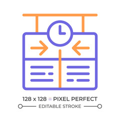 Timetable two color line icon. Train schedule. Arrival departure board. Passenger information system bicolor outline symbol. Duotone linear pictogram. Isolated illustration. Editable stroke