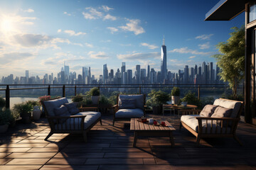 A serene rooftop terrace with panoramic views of the city below, offering a moment of quiet contemplation. Concept of urban seclusion and skyline tranquility. Generative Ai.