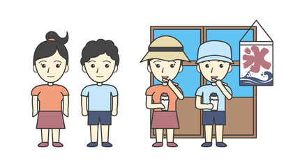 かき氷を食べる子どもたちの夏イラスト / Kids Enjoying Shaved Ice on a Summer Day Illustration