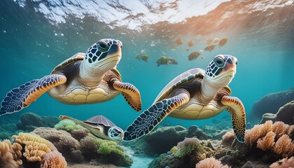 Obraz premium Majestic sea turtles swimming in turquoise tropical ocean water, graceful marine life gliding over coral reef, underwater wildlife photography of green sea turtles in natural habitat.
