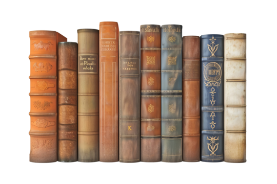 a row of books with gold designs