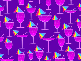 Glass with umbrella and straw seamless pattern. Multi-colored cocktail in a glass with a white outline. Tropical striped cocktail in a glass with an umbrella and a straw. Vector illustration