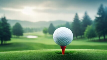 golf ball on a tee surrounded by lush green grass, serene course with trees, rolling hills, and sky