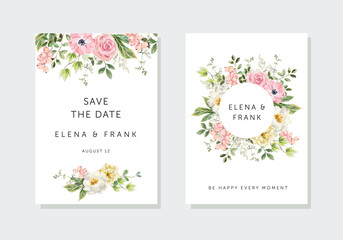 Wedding cards design. Pink currant berries, rose flowers, green leaves, white background. Vector illustration. Romantic floral arrangements. Invitation template. Summer garden 
