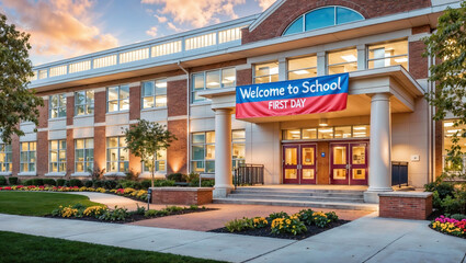 Beautiful school building at sunset welcoming students for first day