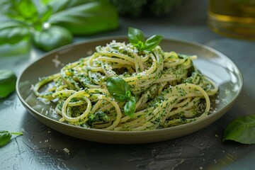 Kale Pesto Pasta   A Delightful Gourmet Dish with Creamy Green Sauce Served on a Stylish Plate