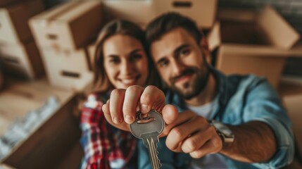 A couple sits amongst unpacked boxes, smiling and holding a key, symbolizing their new home and future together