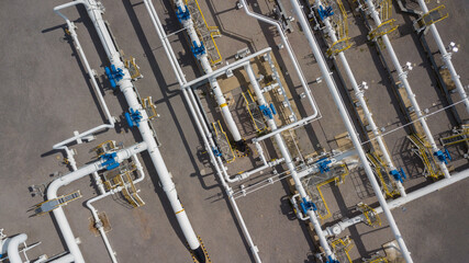 Aerial view natural gas pipeline, High pressure pipes gas plant pipelines, Industry natural gas pipeline with high pressure compressor station energy transportation infrastructure, Gas plant station.