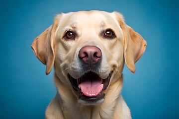 Studio headshot portrait of rescued yellow lab smiling with tongue out looking forward against a blue backdrop