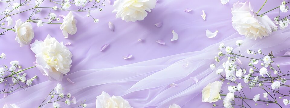 White veil with white roses on a purple background. Romantic or wedding banner.