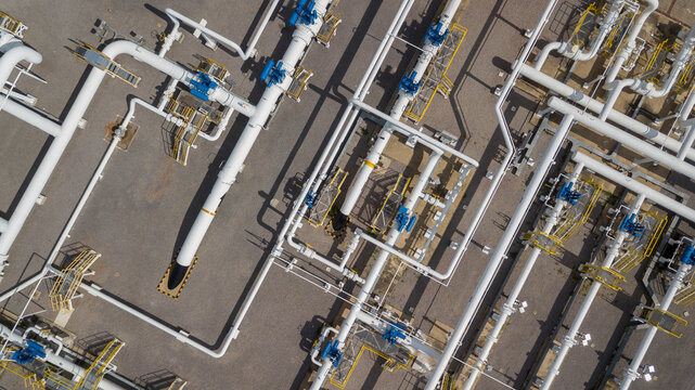 Aerial view natural gas pipeline, High pressure pipes gas plant pipelines, Industry natural gas pipeline with high pressure compressor station energy transportation infrastructure, Gas plant station.