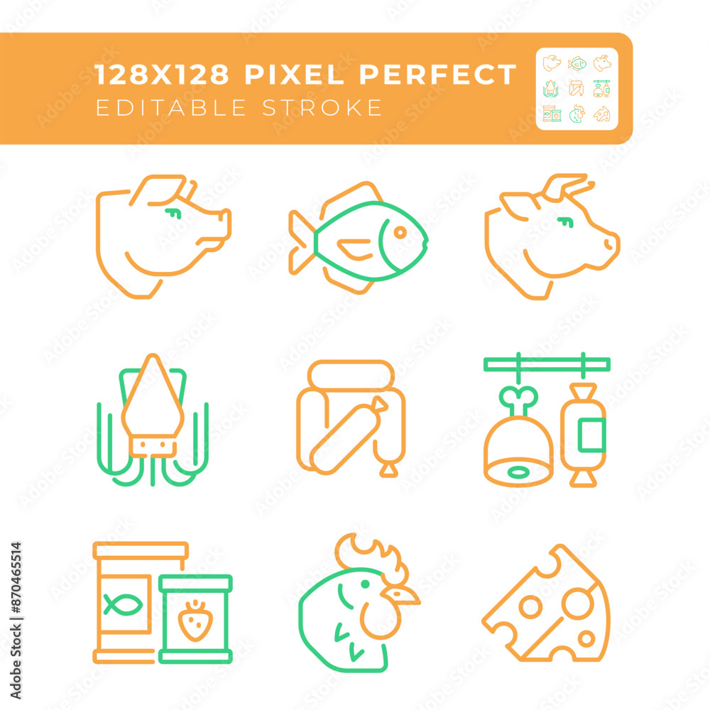 Canvas Prints Grocery store two color line icons set. Food market. Retail business. Butchery shop. Meat and poultry bicolor outline iconset isolated. Duotone pictograms thin linear. Editable stroke