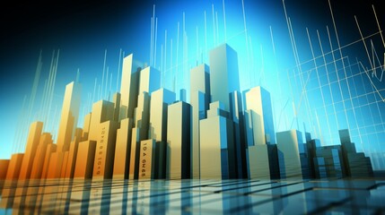 Financial data over abstract buildings  real estate market analysis visualization on blue background