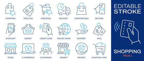 Shopping icon set. Collection of e-commerce, credit card, supermarket, sale and more. Vector illustration isolated on white. Editable stroke.