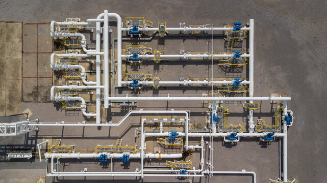 Aerial view natural gas pipeline, High pressure pipes gas plant pipelines, Industry natural gas pipeline with high pressure compressor station energy transportation infrastructure, Gas plant station.