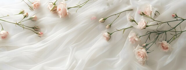 Fresh pink roses and white veil. Romantic or wedding banner