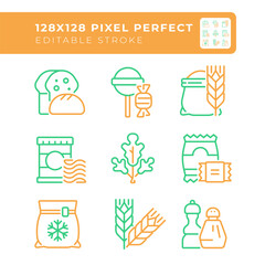 Supermarket products two color line icons set. Grocery store food. Shopping cart. Daily necessities bicolor outline iconset isolated. Duotone pictograms thin linear. Editable stroke