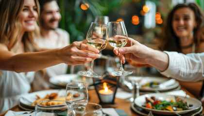 A group of people are raising wine glasses and smiling at a dinner table, sharing a meal together